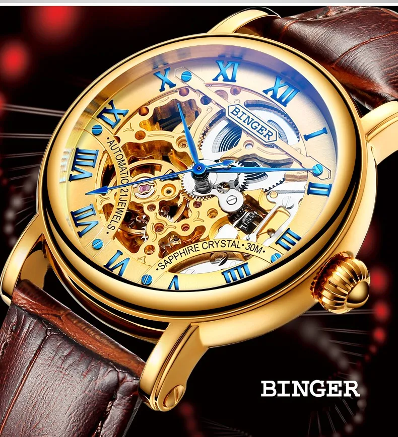 BINGER Luxury Gold Automatic Watches Skeleton Fashion Business Watch Men Mechanical Wristwatch Full Steel relogio masculino