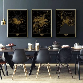 

Ankara Antalya Istanbul Izmir Mersin Turkey City Map Black and Gold Map Canvas Art Print Wall Pictures for Living Room No Frame