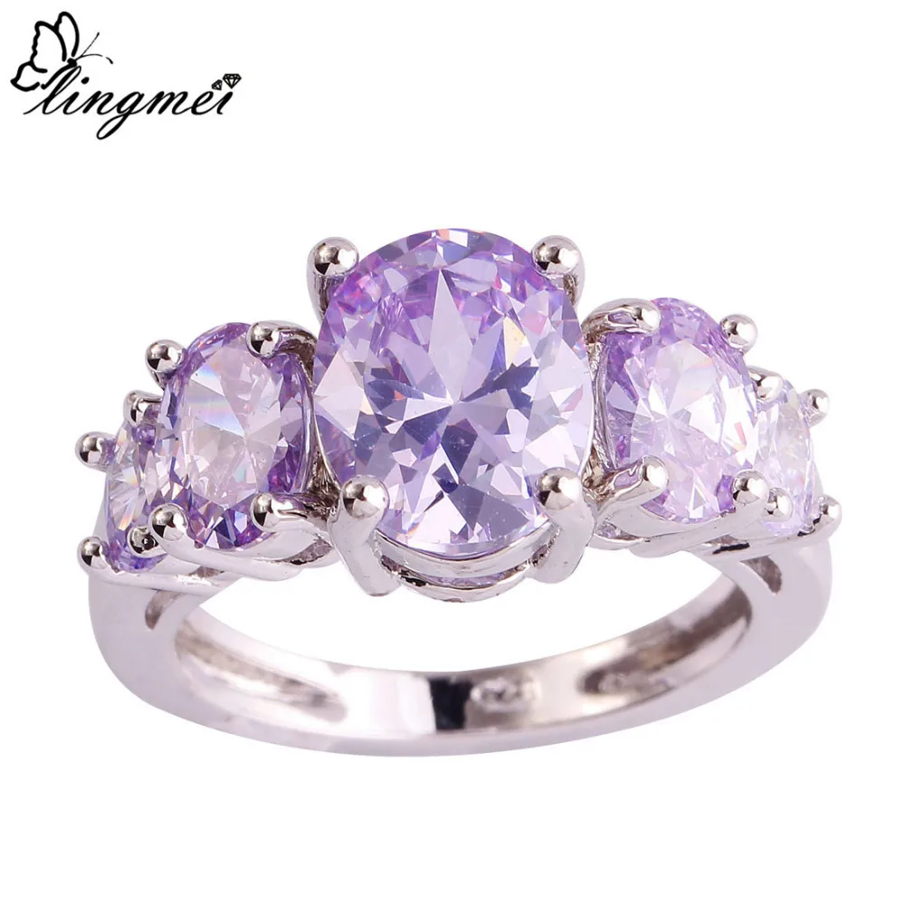 

lingmei Wholesale Cocktail 8*10mm Fashion Lady Tourmaline Silver Ring Size 6 7 8 9 10 11 12 13 Party Jewelry Free Shipping