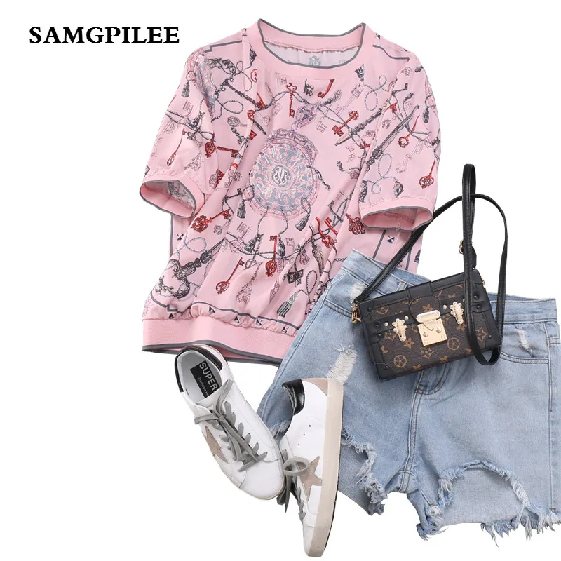 

2019 New Samgpilee Casual Chiffon Short Sleeve Appliques Print O-neck Batwing Sleeve Fashion women Blouses & Shirts Plus Size