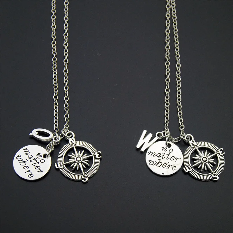 

1pc Personalization "No Matter Where"round Compass Pendant Friend Necklace With Letter Travel Jewelry Gift E1018