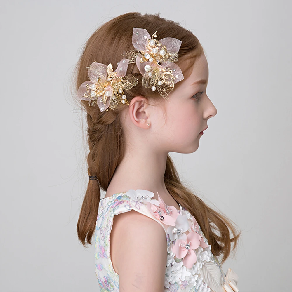 Simulated Pearl Gold Color Barrettes Hair Clips Princess Flower Girls