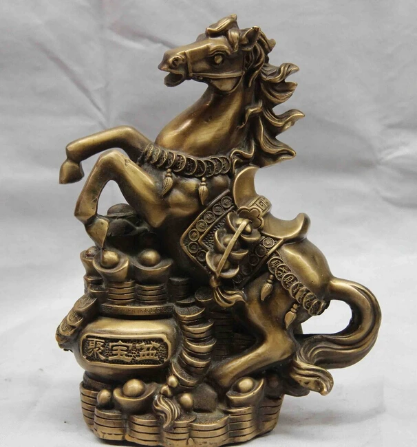 

USPS to USA S1081 China Copper Bronze Yuanbao Wealth Money Basin Cornucopia War Horse Statue B0401