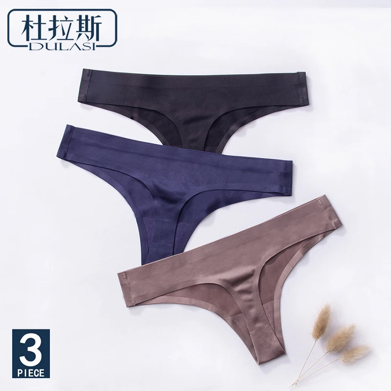 

DULASI Seamless Cotton Crotch G-String for Women Mid Waist Sexy Breathable Thong Panties 3pcs/lot Ice Silk Lady's T Back