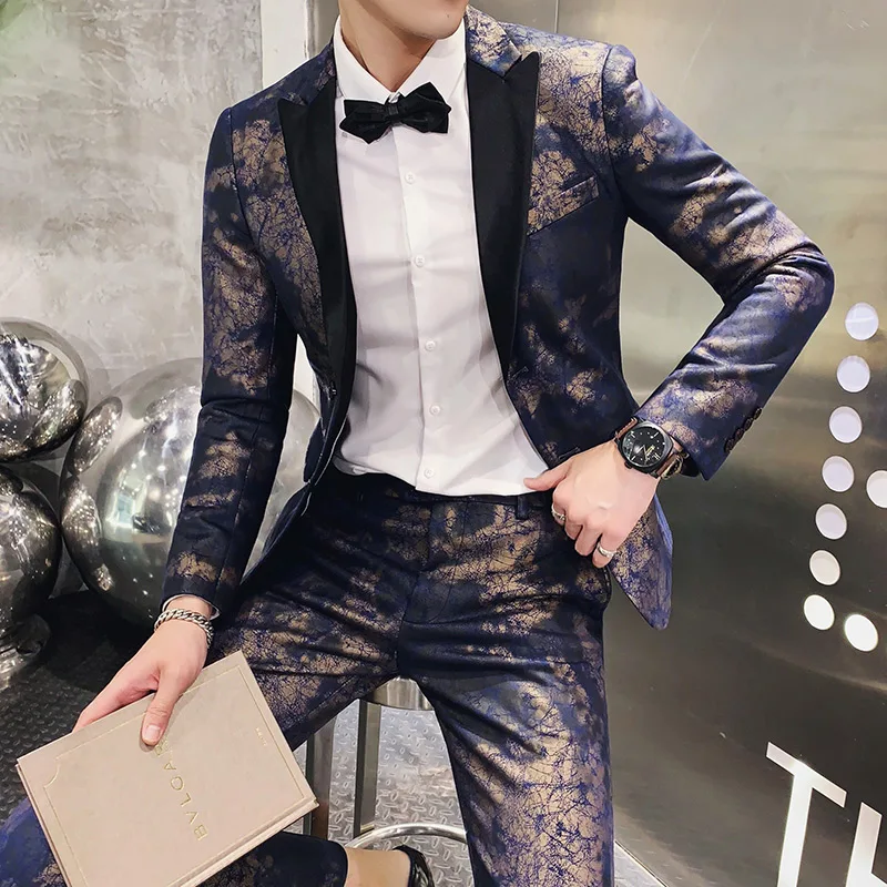 

New Faux Suede Men Suit 2pcs (jacket+pants) Luxury Tuxedo Party Compere Stage Suit Wedding Men Fashion Slim Fit Mens Suits