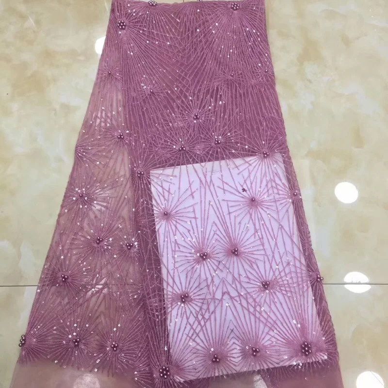 

(5yards/pc) high quality pink African tulle lace fashion French net lace fabric with sequins and beads for party dress FZZ170