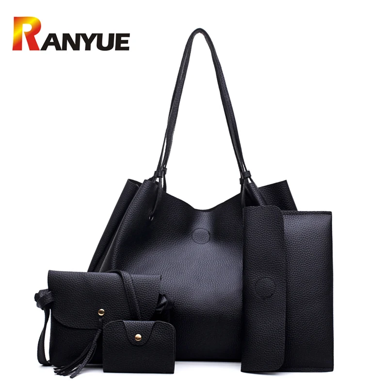 New Casual Women Tote Bag PU Leather Shoulder Bag Large Capacity Ladies Handbag Set Female ...