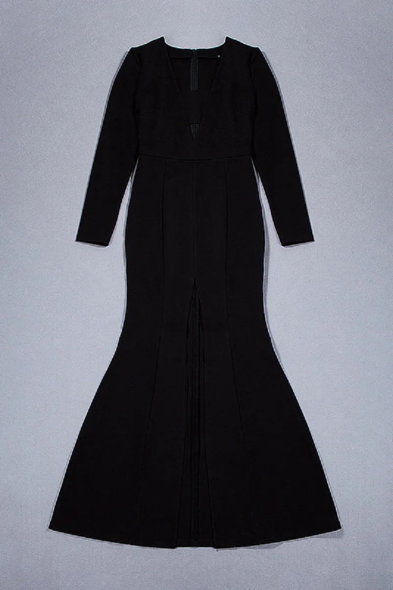 Новинка, женское черное Бандажное платье знаменитостей с длинным рукавом и v-образным вырезом, сексуальное длинное вечернее платье в пол HL749