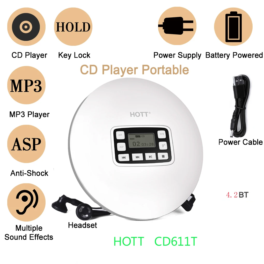 Портативный Bluetooth CD плеер HOTT CD611T со светодиодным дисплеем светодиодный