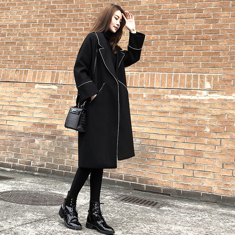 

2019 new autumn winter black woolen coat female long coat Korean Hepburn wind cashmere suit collar Button coat cc29