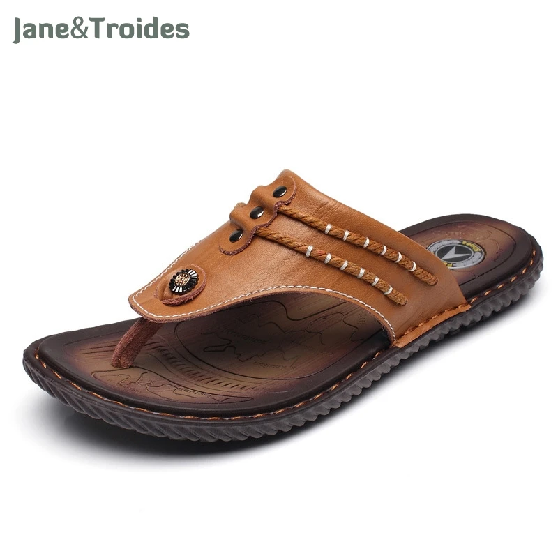 

Cow Leather Beach Men Slippers Flip Flops With Soft Sole Trendy Breathable Men Summer Shoes Fashion Beach Sandals Shoes Men