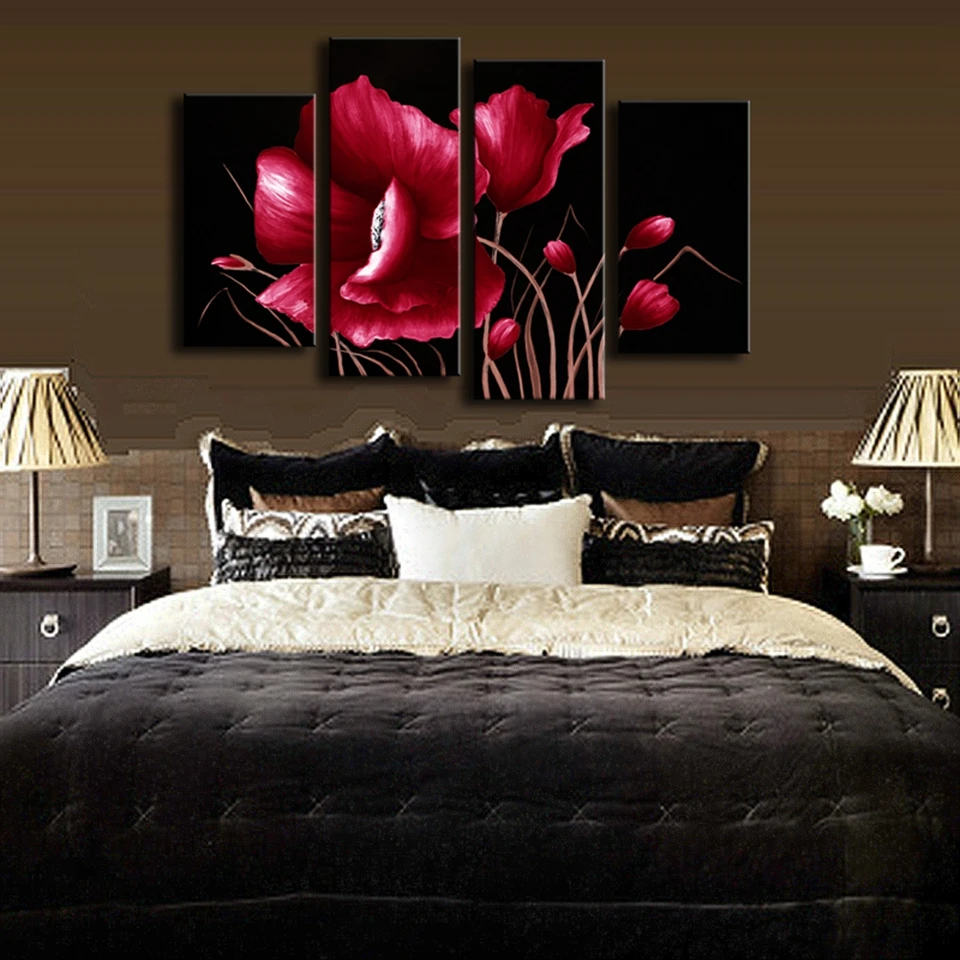 Printed-Oil-Art-Painting-Red-Flower-In-Black-4-Pcs-Set-Combined-Canvas-Paints-Living-Room