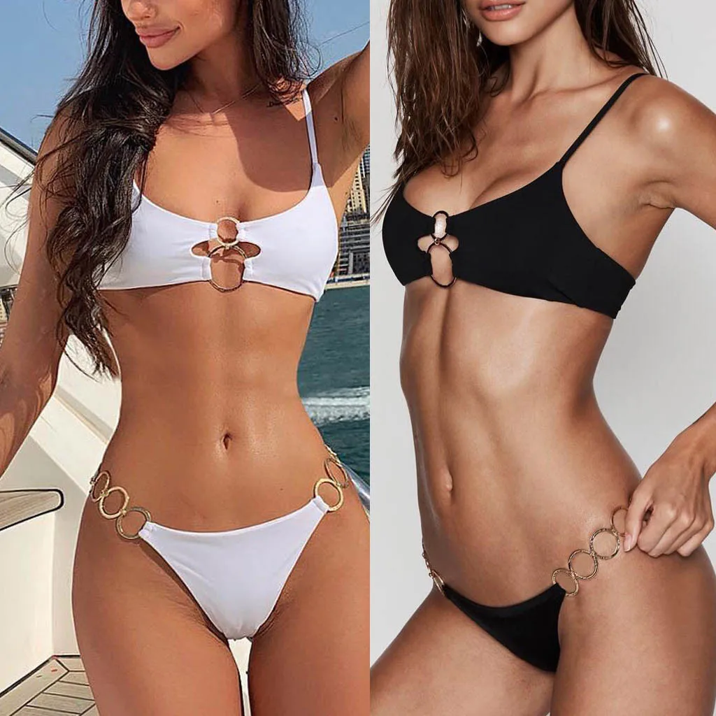 

Women Solid Black Micro Thong Metal Ring Sexy Bandeau Bandage Bikinis Set Push-Up Brazilian Swimsuits #G10N