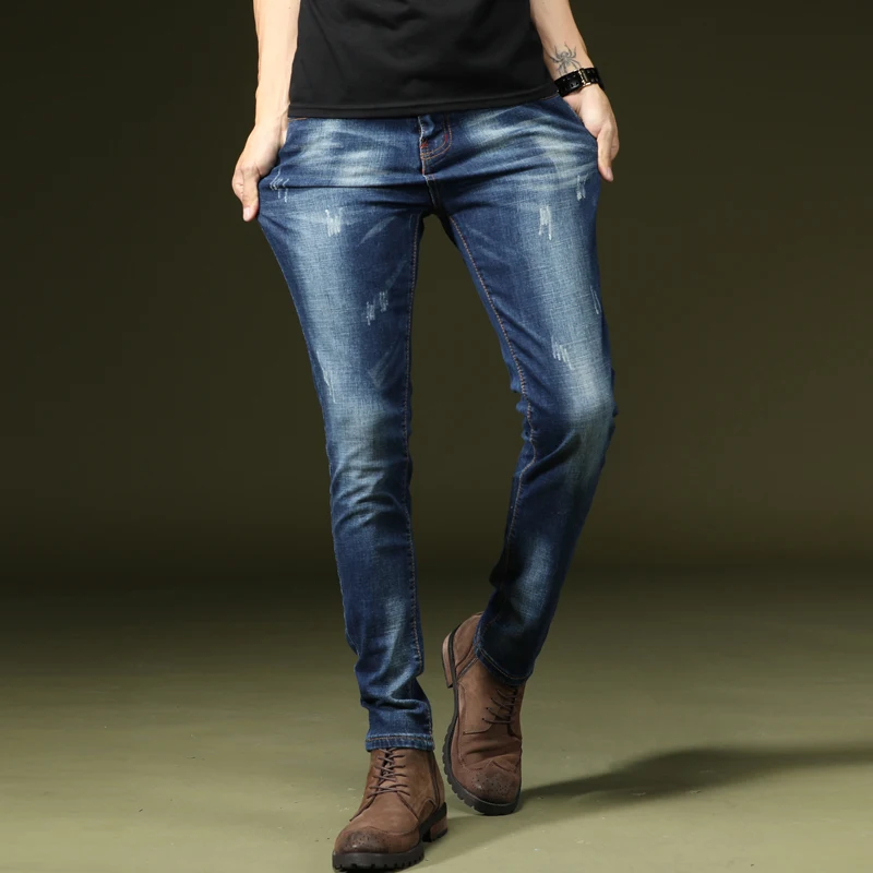 Уличный Стиль Для Мужчин's джинсы Slim Fit поцарапанные мужчин брюки прямые синие