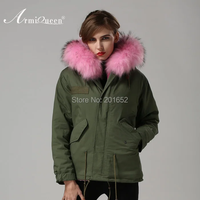 Perfect 2015 Real Raccoon fur parke jacket mens womens pink faux fur lined coat  fashion show outwear c0153 2