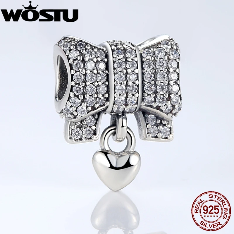 Аутентичные 925 пробы серебряные подвески в форме сердца и банта подходят к оригинальному браслету WST кулон DIY подарок для изготовления ювелирных изделий ZBBS244