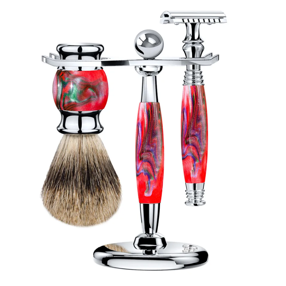 

ZY 3pcs Manual Safety Razor Double Edge Open Shaving Razors Long Handle+Stand Holder+Pure Badger Hair Shaving Brush Kit