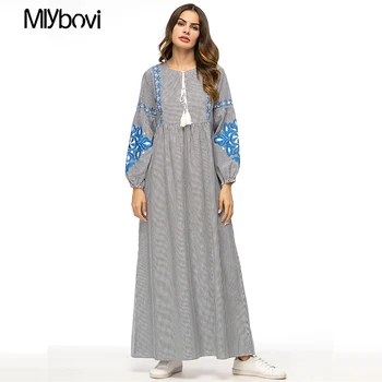 

Women Gray Striped Dress Drawstring Ladies Muslim Dress Casual Maxi Kaftan Moroccan fashion embroidery islamic women dress