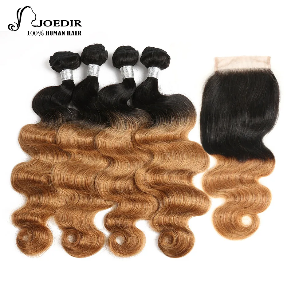 Joedir Pre-colored 4 Bundles With Closure Remy Brazilian Body Wave Hair Human Hair Weave Bundles Pack Ombre Blonde Free Ship brazilian-body-wave-closure