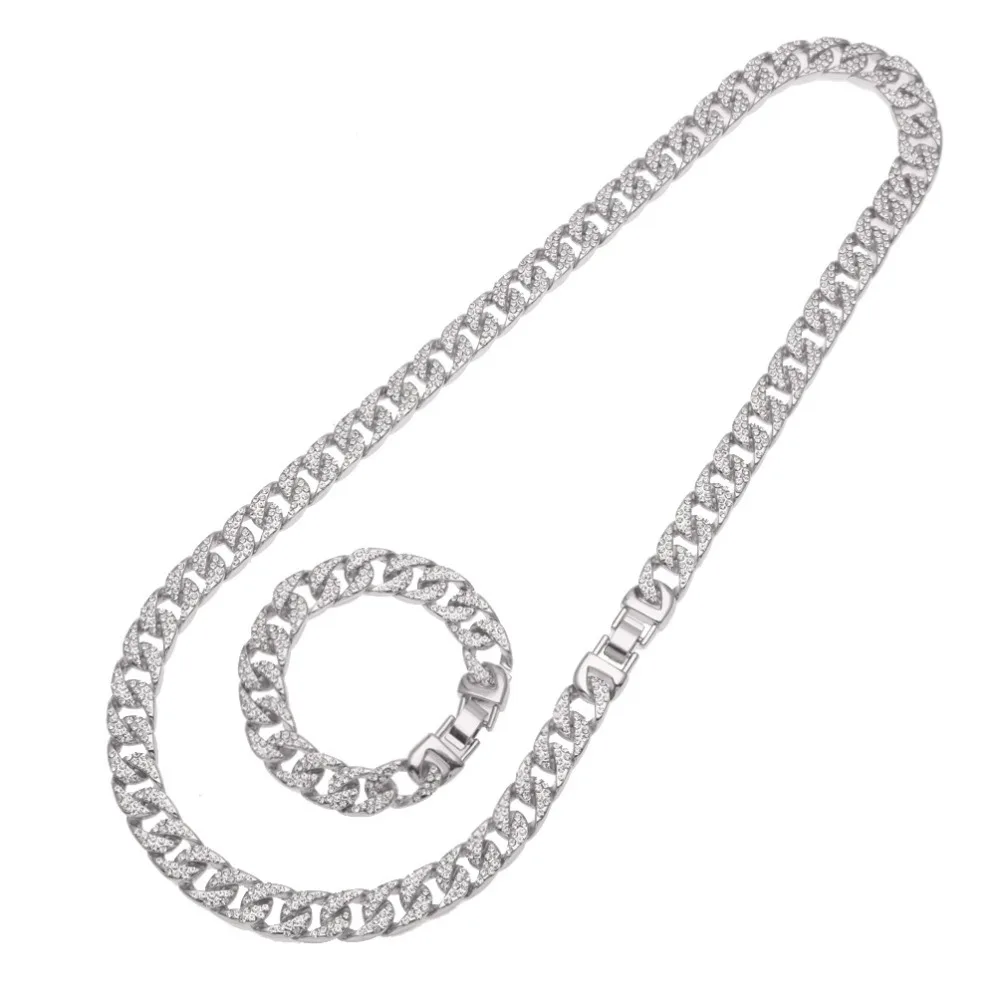 Тяжелый Майами кубинская цепь браслет, полностью из стразов Цепочки и ожерелья комплект цвета: золотистый, серебристый 13 мм Большой колье для Для мужчин в стиле «хип-хоп», льдом Цепочки и ожерелья s