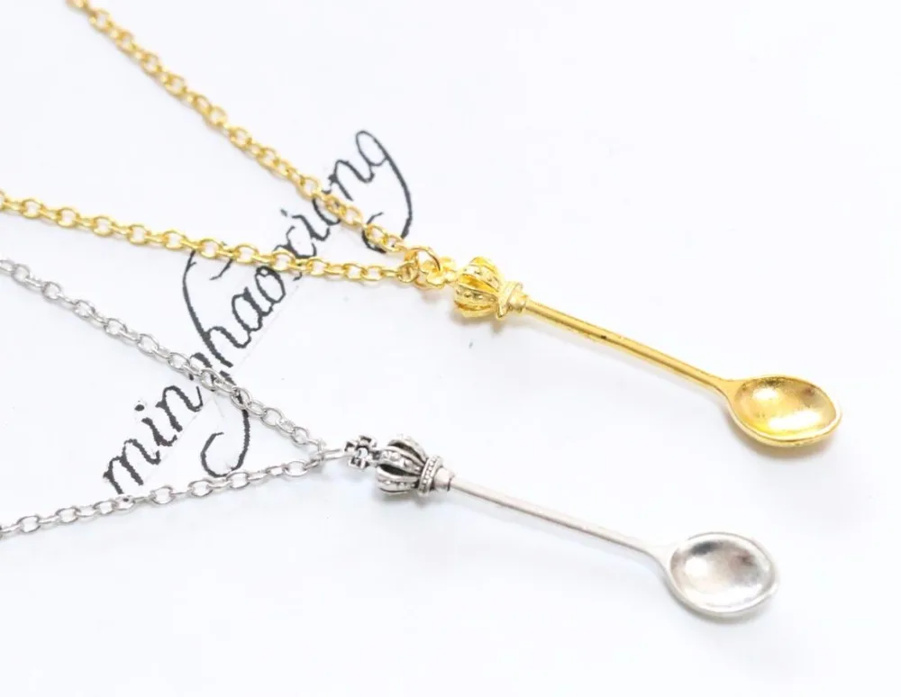

Vintage Style Alice Wonderland Crown Inspired Mini Tea Spoon Snuff Pendant Necklace (10 pcs)