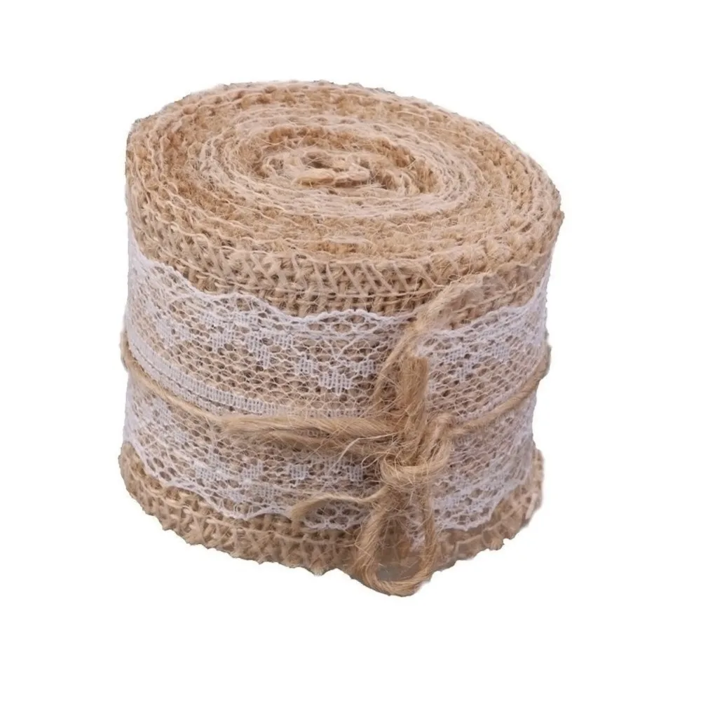 

Natural Jute 2m Burlap Hessian Ribbon with Lace Detail, 5cm Widths Party Wedding Decoration Lace Trim AA8002