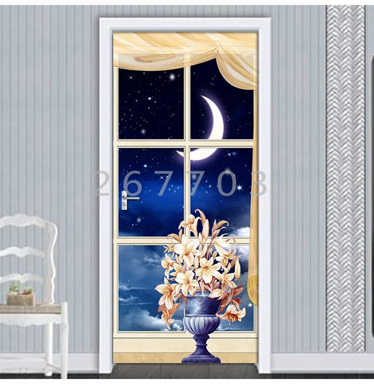 DIY дверной стикер ПВХ водонепроницаемый самоклеящийся Звездное Окно Луна 3D обои плакат Декор для гостиной настенные наклейки плакат