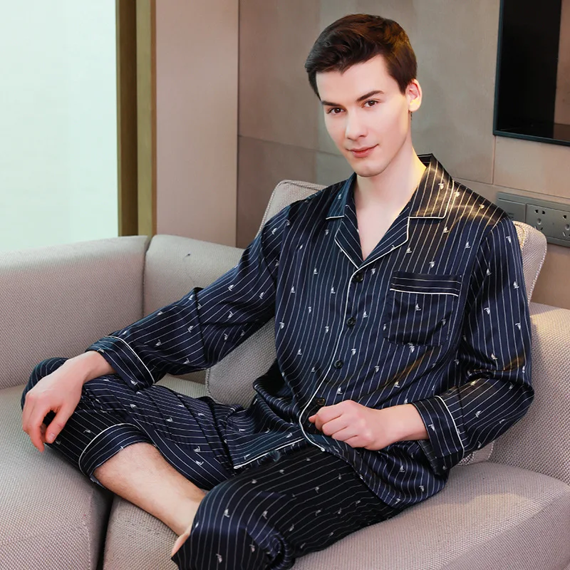 

2019 New Spring Autumn Mens Silk Satin Pajamas Long Sleeve Elegant Sleep Shirt And Pants Men Pijama Set Home Clothing