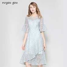 Nvyou gou кружевное платье с расклешенными рукавами и поясом, однотонное платье с оборками, летние женские модные облегающие офисные вечерние платья