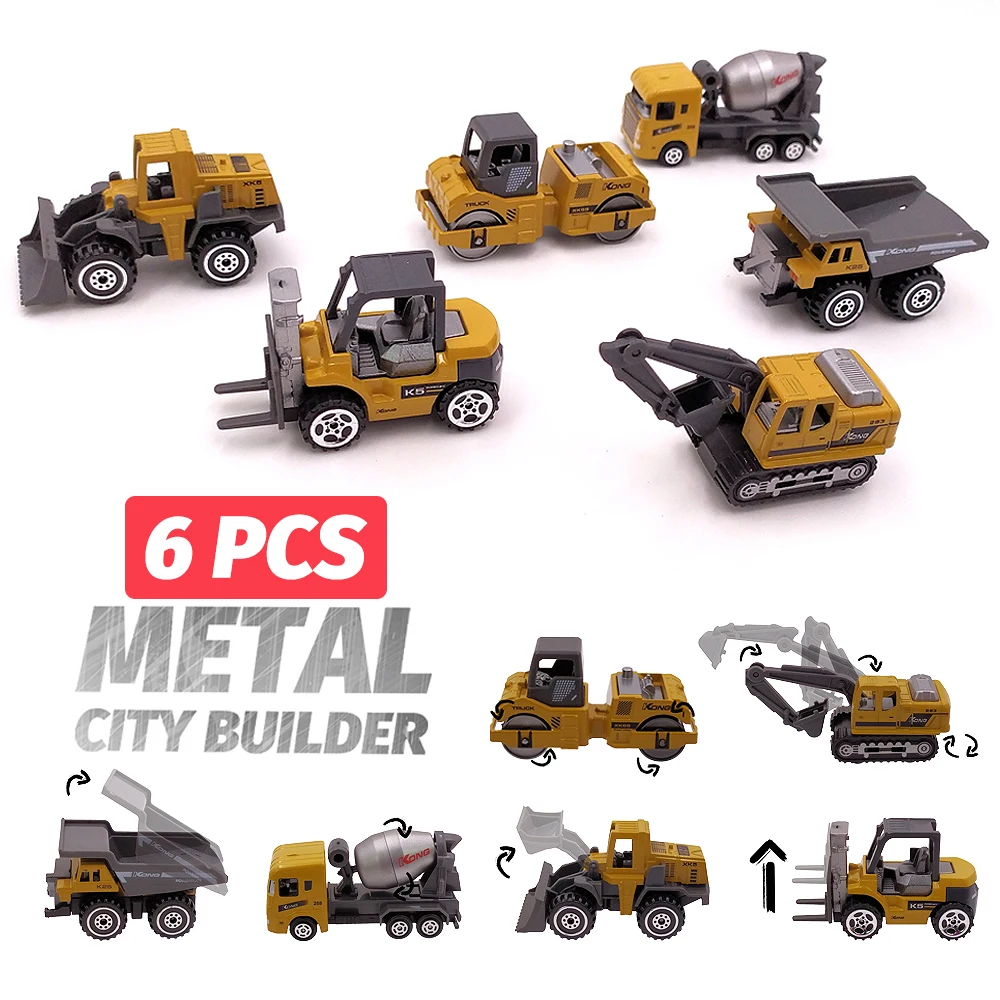 

6 pcs Alloy Mini Engineering Car Model 6in1 1:64 Metal Diecast Engineering Toy Vehicle Car Toy Dump Truck Forklift Excavator