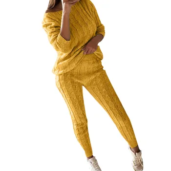

Womens Ladies Solid Off Shoulder Cable Knitted Warm 2PC Loungewear Suit Set