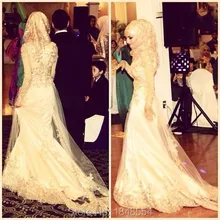 MZY525 yellow sweep train beaded deligate islamic hijab muslim lace long sleeve tulle satin wedding dress vestido de novia