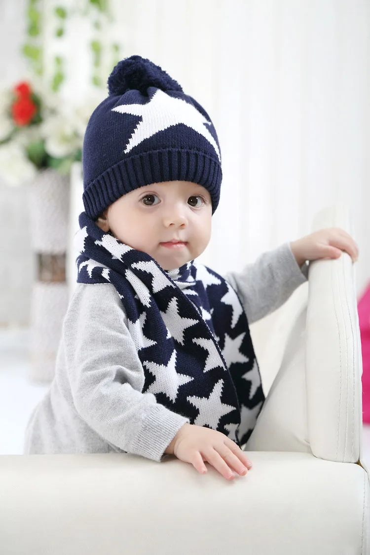Зимний Теплый детский шарф, шапка, наборы перчаток, вязаные шапки для маленьких мальчиков, помпоны, звезды, Детские утепленные шапки, шапочки, варежки, набор