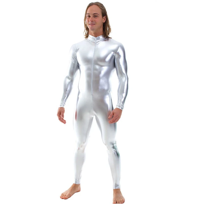 Men Latex Suit Black Shiny Metallic Tights Gold Zentai Suit Full Body Unitard Skin Bodysuit Zipper Front
