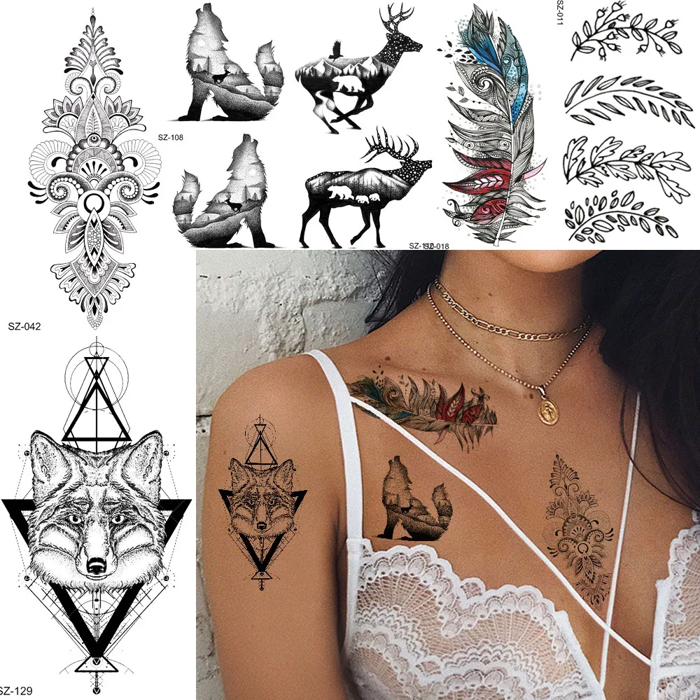 

Tribal Henna Totem Temporary Tattoo Stickers Women Leags Featber Body Chest Arm Art Fake Tatoos 3D Elk Waterproof Tattoo Fox