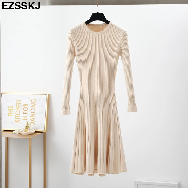 elegant Long sleeve OL O-neck long Sweater dress women Thick knit Autumn Winter dress female Slim A-line basic dress casual pink dress