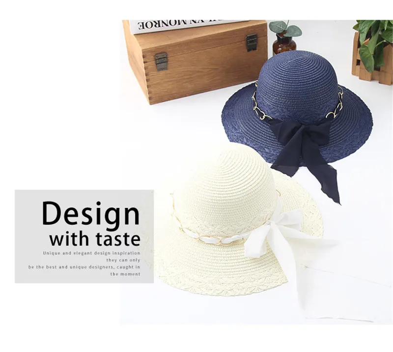 USPOP Новая женская соломенная шляпа от солнца, летняя мягкая шифоновая соломенная шляпа с бантом, повседневная женская пляжная шляпа с металлической цепочкой и широкими полями