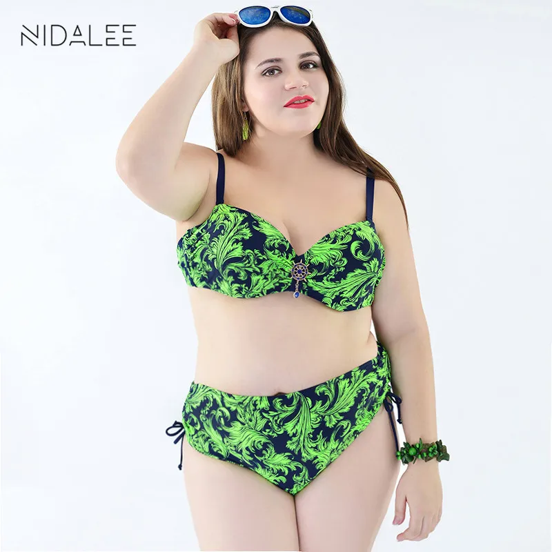 

NIDALEE Plus Size Bikinis 2017 Women Sexy Halter Push Up Brazilian Swimwear High Waist Bathing Suit Large Cup Bikini Set Biquini