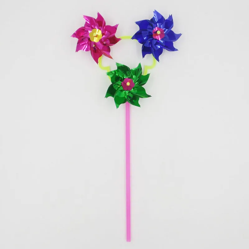 50Pcs/lot colorful plastic three sequins flower windmills traditional children's toys