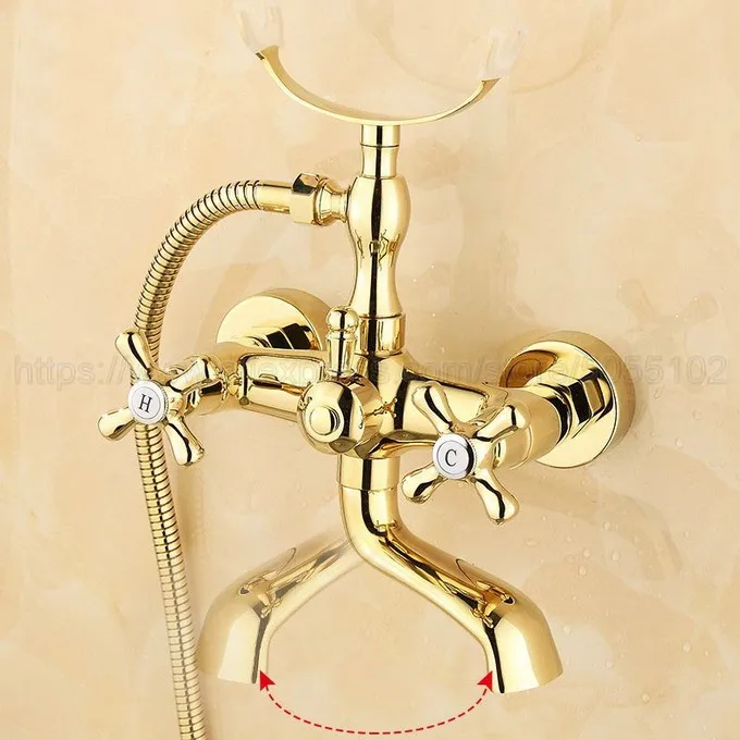 Bathtub Faucet Luxury Gold Color Brass Wall Mount Handheld Bath Tub Mixer System with Handshower Telephone Style ztf124