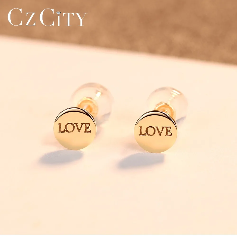 CZCITY реальные из 14 каратного золота с буквенным принтом Love круглые серьги