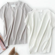 Tencel нейлон смесь тонкий вязаный женский весенне-летний модный пуловер Футболка короткий рукав сплошной цвет s-xl
