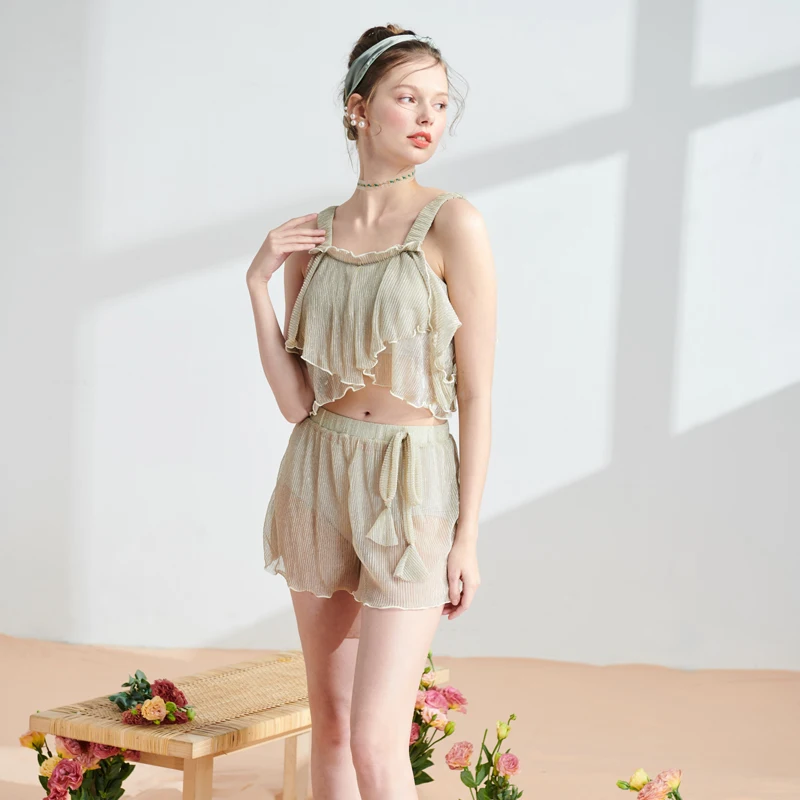 

2019 New Split Pants Skirt Swimwear Women's Three Piece Mesh Ruffle Skirt Swimsuit Hot Spring Sexy Lace DecorationSwim Wear XXL