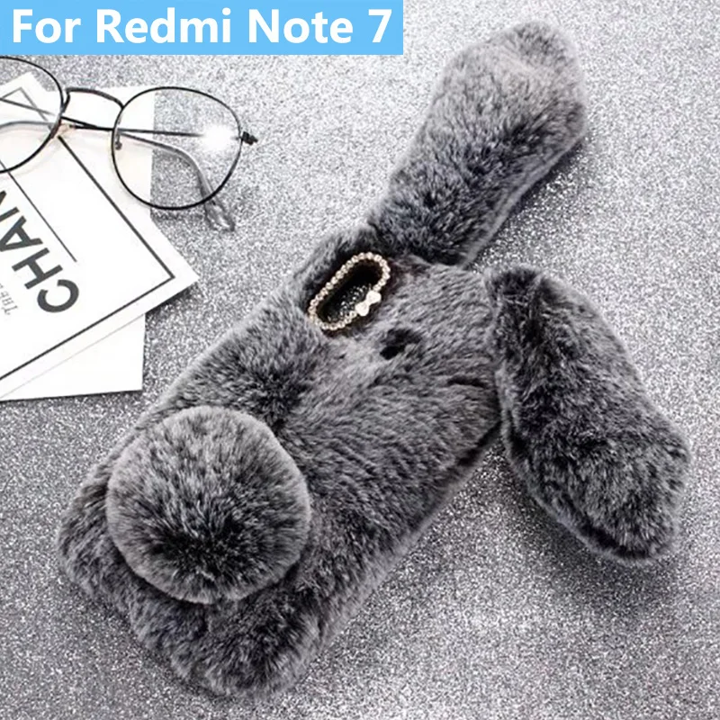 Плюшевый чехол с кроликом для Xiaomi Redmi Note 7 мягкий меховой милый 3D кроличьими