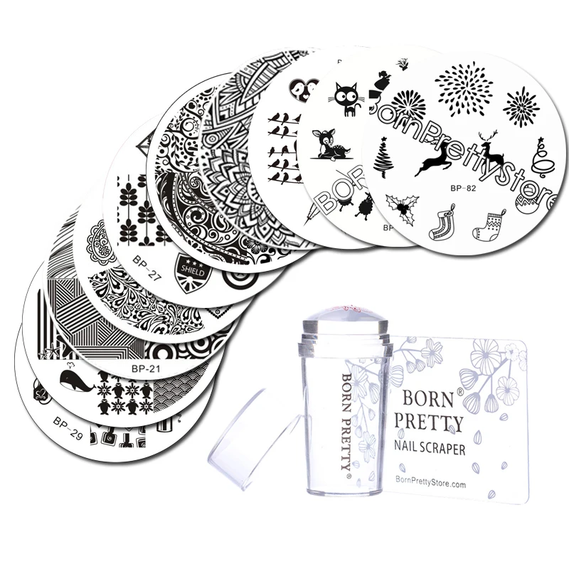 

BORN PRETTY 10Pcs Nail Plates Clear Jelly Silicone 2.8cm Nail Art Stamper Scraper with Cap Stamping Template Image Plates Tool
