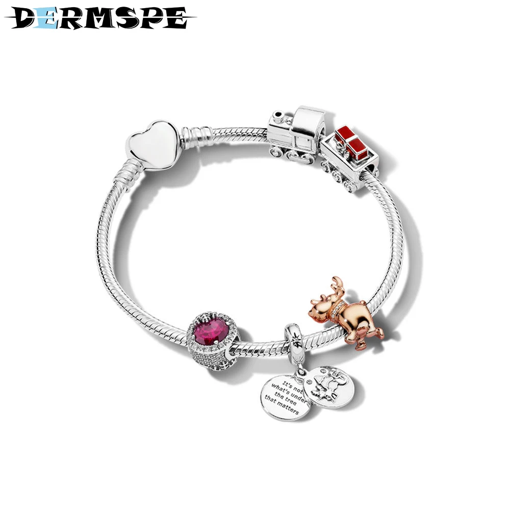 

DERMSPE 100% 925 Sterling Silver Happy Christmas Set Fit DIY Original Bracelet Woman Fashion Jewelry Children's Gift