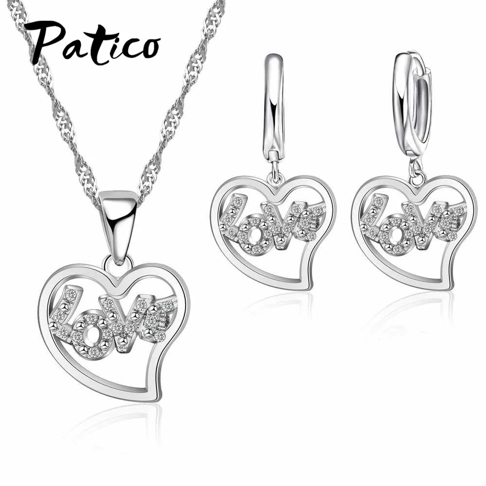 925 Sterling Silver Heart Necklace Earrings with Letter Love Shaped
