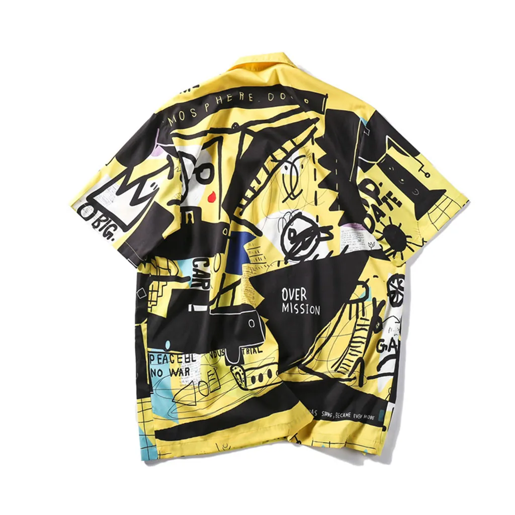 Womail, новые модные летние мужские рубашки из полиэстера, желтые креативные рубашки с рисунком, повседневные пляжные свободные блузки с коротким рукавом