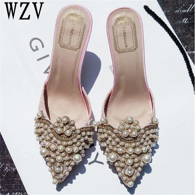 Online Neue Marke 2018 Sommer Schuhe Frauen Süße Elegante Perle Perlen Schuhe mit hohen absätzen Dünne Fersen Spitz Frauen Sandalen c37