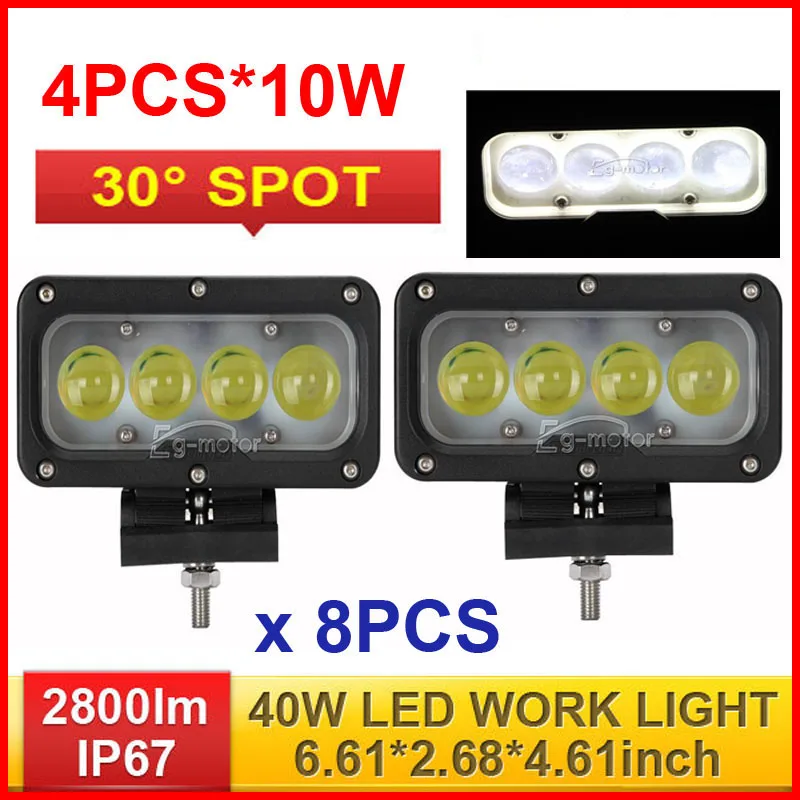 

8PCS 7" 40W CRE 4-LED*(10W) Work Light Bar Driving Rectangle Offroad SUV ATV 4WD 4x4 Spot Beam 2800lm 9-60V Truck Fog Headlamp